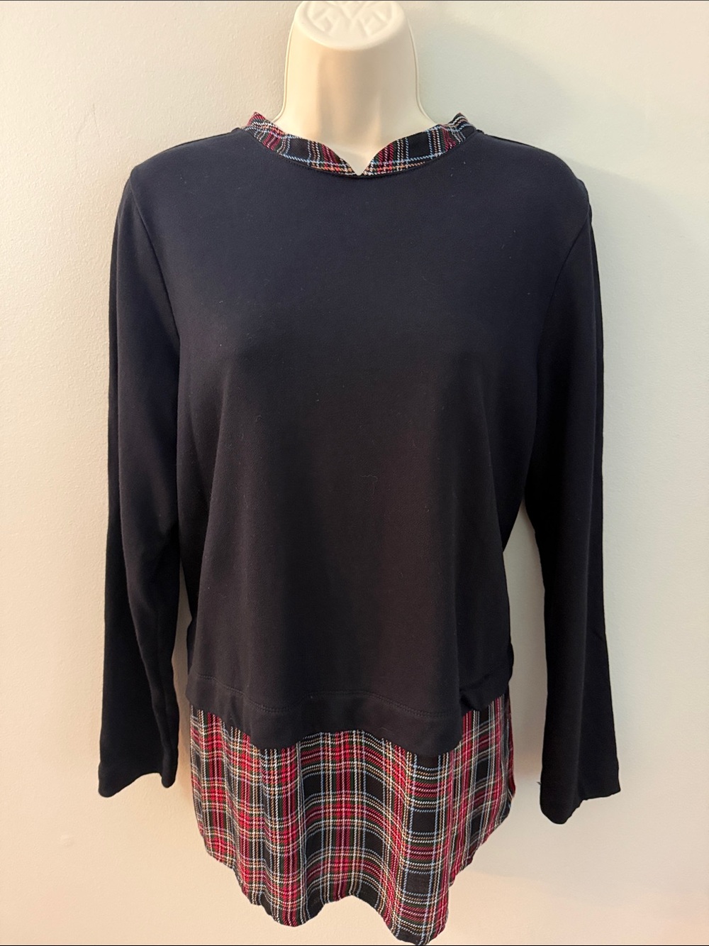 J. Jill Black Pullover with Red Plaid Hem and Collar